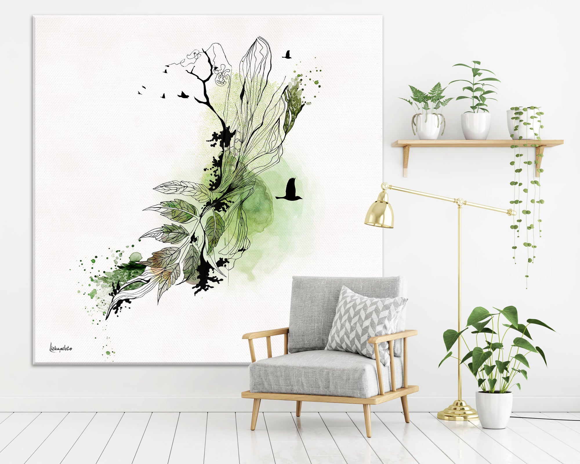 Large green leaf painting in a white space and a gray sofa