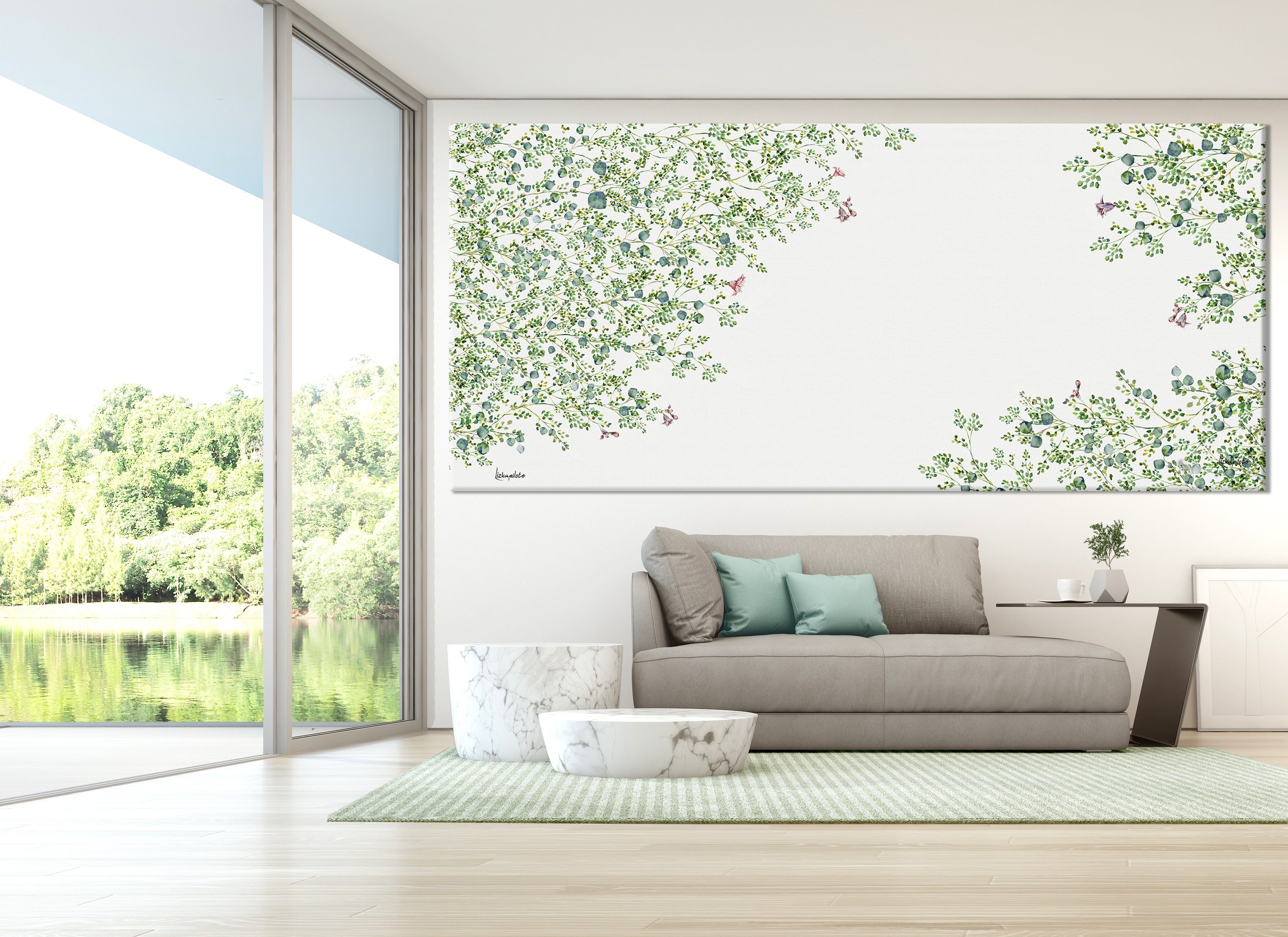 panoramic canvas of abstract tree painting, hanged on a modern space, above gray sofa