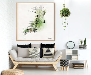 Green abstract painting hanged in modern living room above a sofa