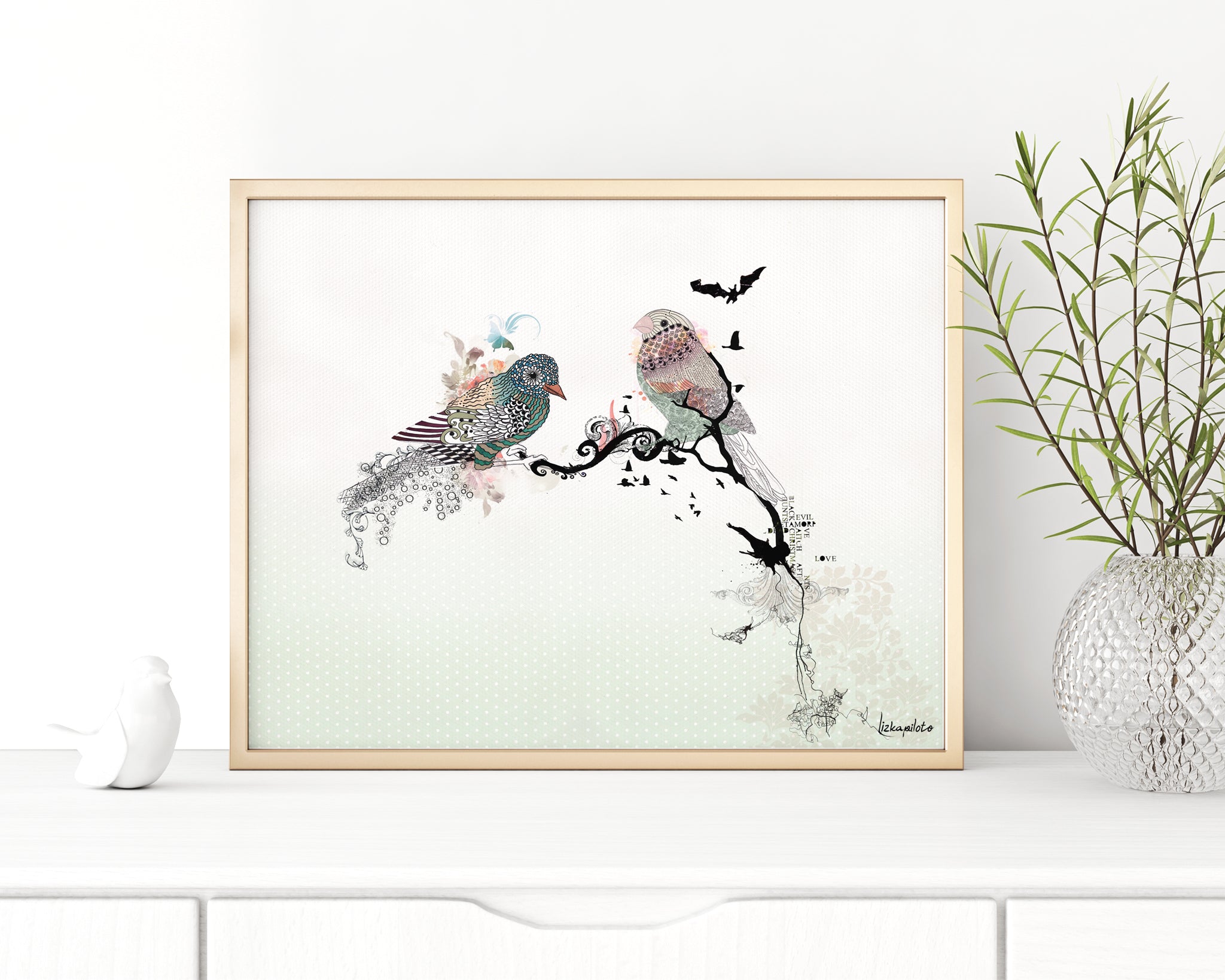 black ink and watercolor birds painting, in a gold frame