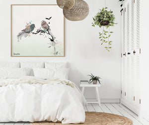 large picture in white bedroom of birds - romantic and soft colors