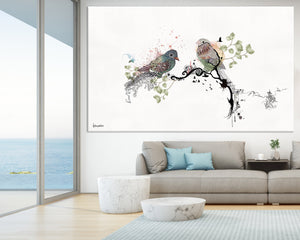 Large wall art of birds illustration, hanged above sofa 