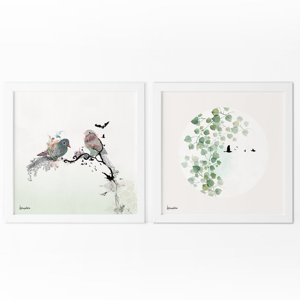 Set of 2 Minimalist Paintings of Birds and Leaves | Liz Kapiloto Art & Design