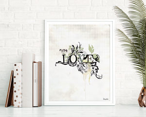 Love typographic wall art, black ink and green leaves around