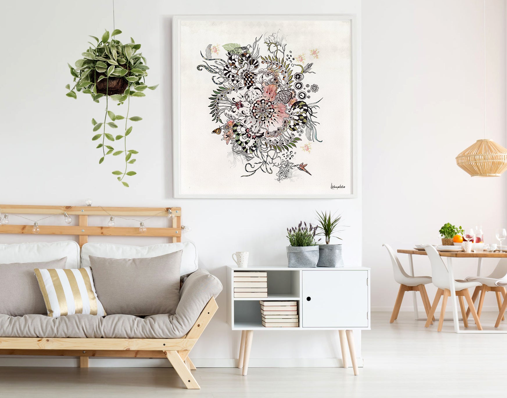 Boho artwork hanged on a modern living room