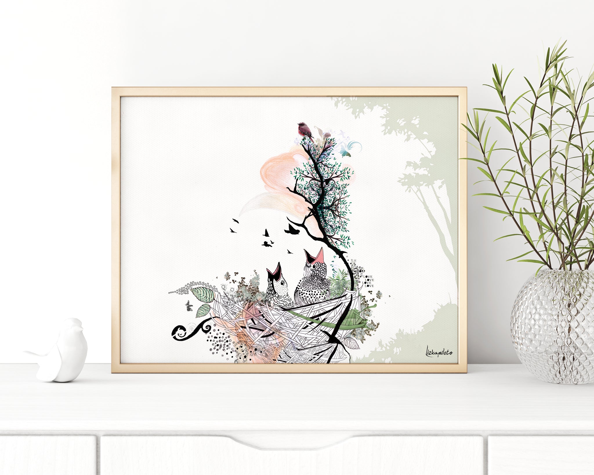 birds watercolor painting in a gold frame