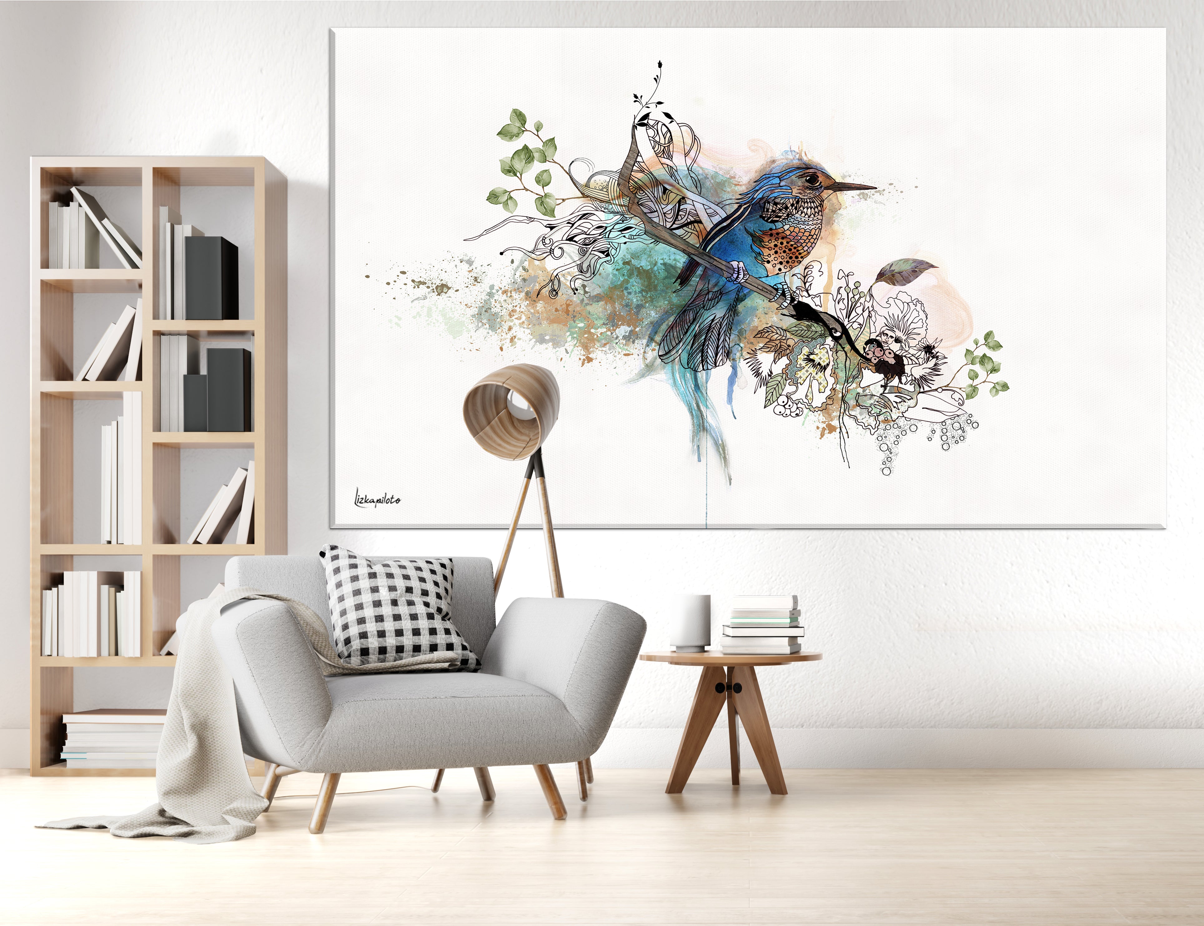 Blue bird painting on canvas, hanged on office wall