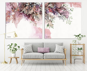 Pink Abstract Painting above Gray Sofa - Liz Kapiloto Art & Design