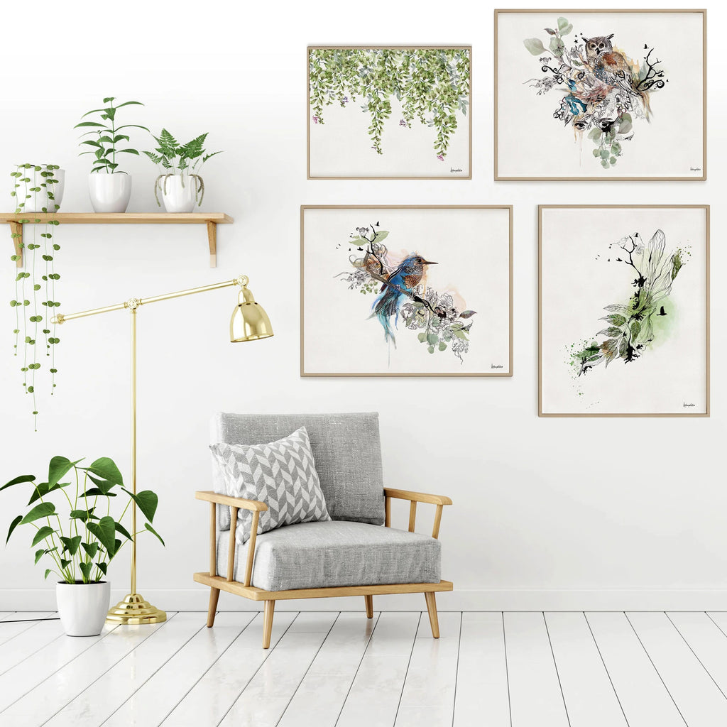 Gallery Wall Set of Birds Painting and Watercolor Leaf Painting 