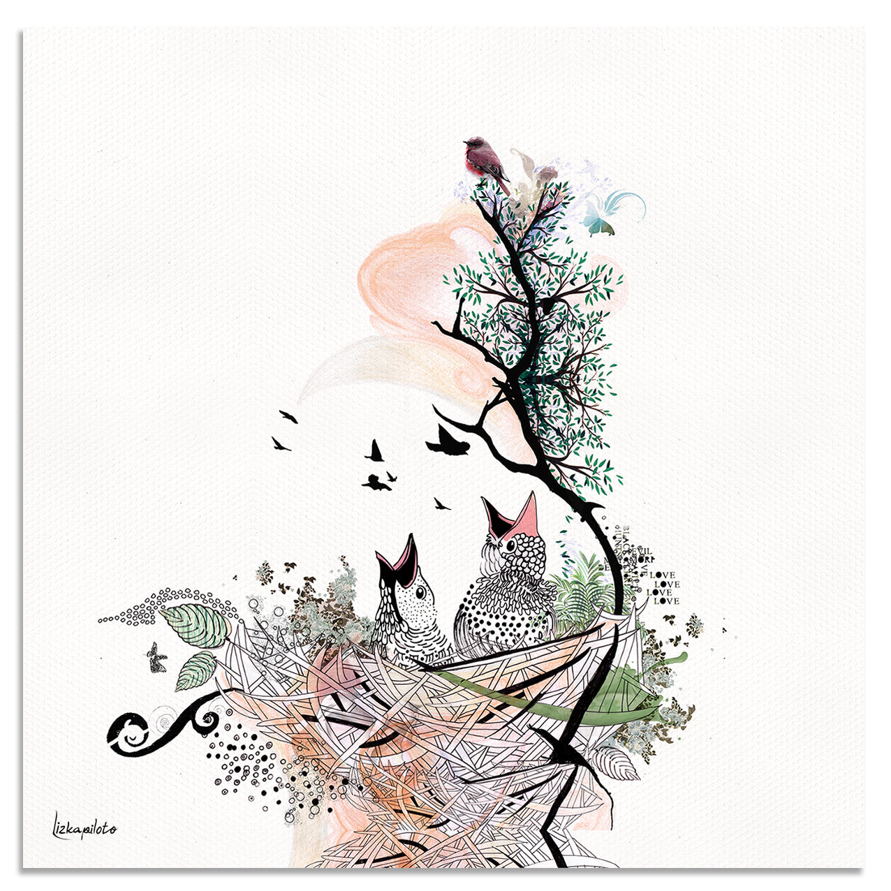 bird artwork of baby birds in nest - Liz Kapiloto Art & Design
