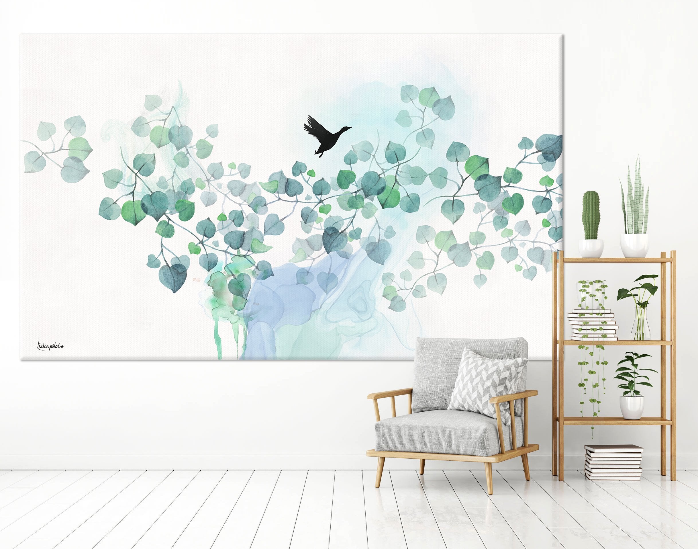 Turquoise watercolor painting of leaves and black bird - Liz Kapiloto Art & Design Large canvas painting of turquoise leaves, hanging on a white wall