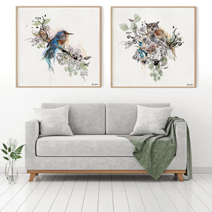 2 square Painting on Canvas above Gray Sofa - Watercolor Paintings of birds
