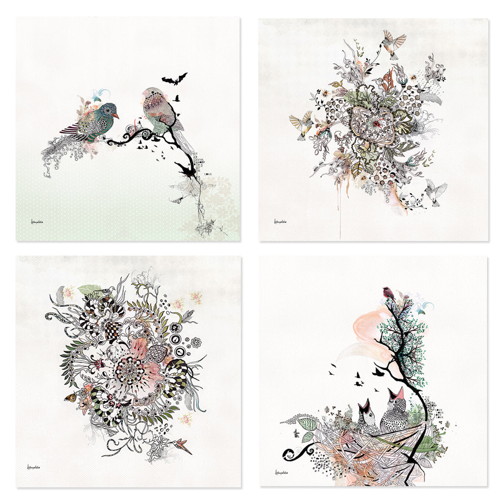 Set of 4 Prints - Birds and Abstract Paintings